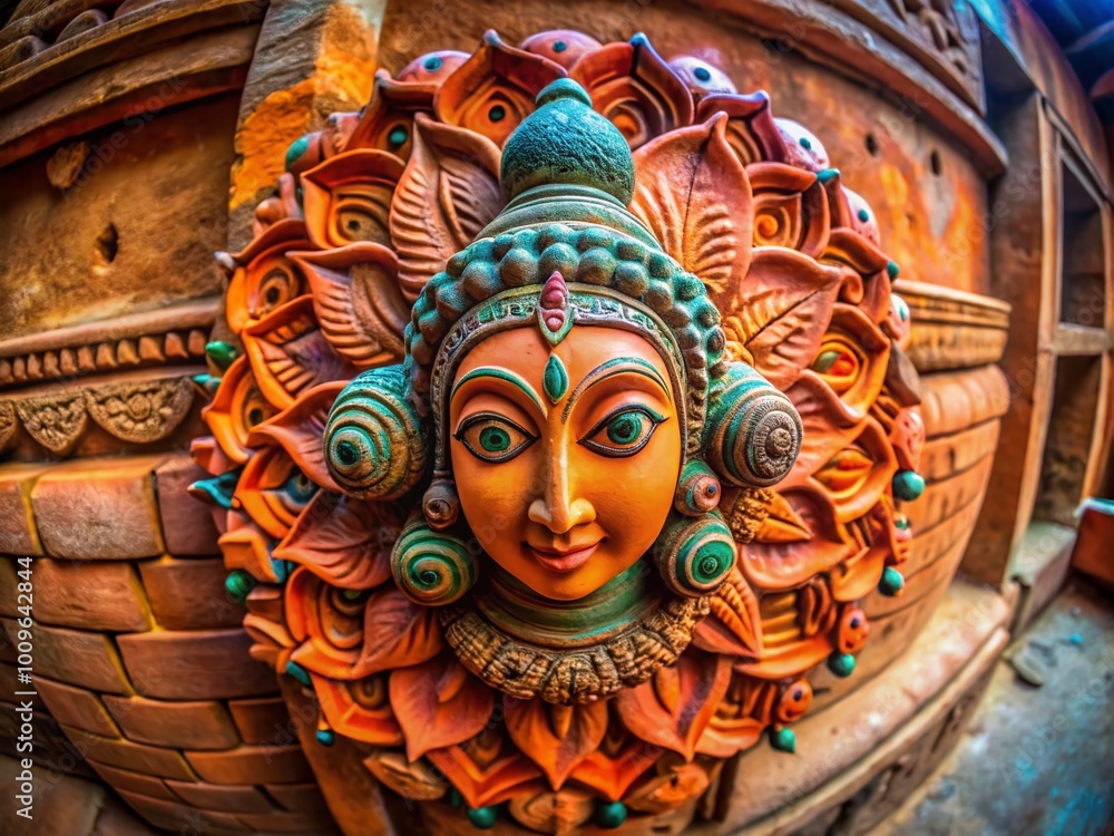Poster beautiful terracotta sculpture decorated with intricate patterns and textures on a rustic background