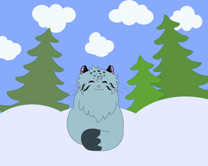 cute fluffy wild cat manul sits happily on a winter meadow among a spruce forest, stock vector, cartoon