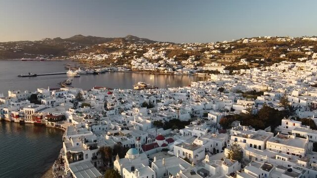 Aerial video over Little Venice, the old town in Mykonos