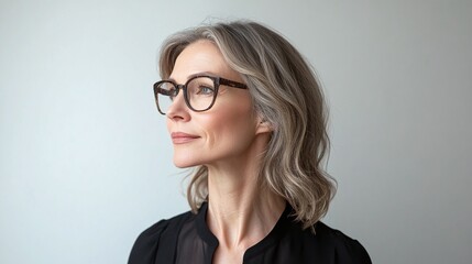 Fototapeta premium stylish and professional business woman standing in profile, looking to the side with a confident smile, wearing glasses, and exuding leadership and workplace confidence