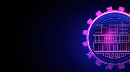 Futuristic gear symbol with building silhouettes, illuminated in neon pink and blue, creating a modern technological atmosphere.