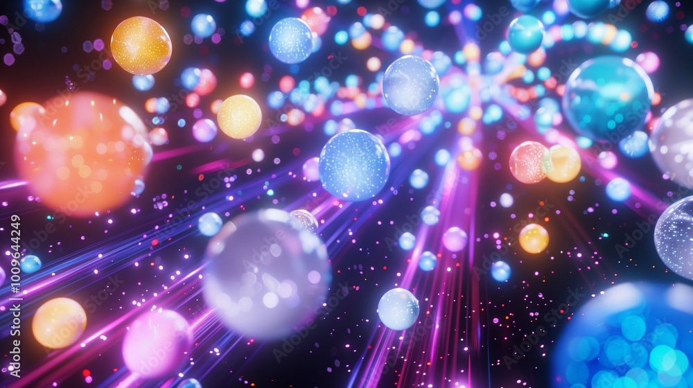 Poster shining brightly balls in dark space 3d rendering image. motion across undiscovered cosmos with neon