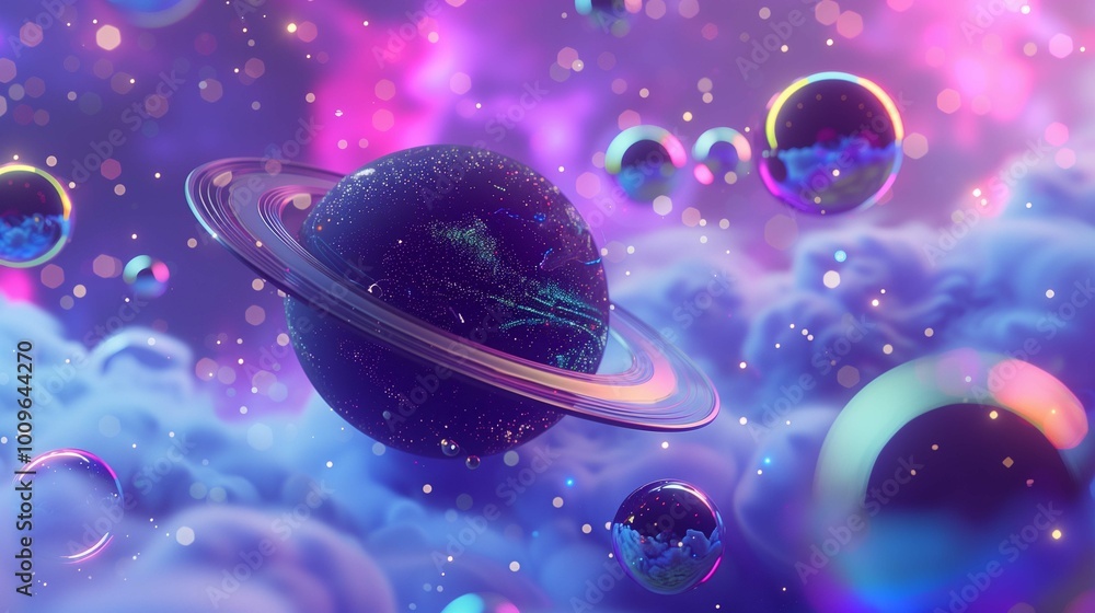 Poster planets over shiny nebula in outer space 3d rendering image. cosmos researching fantasy scene backgr