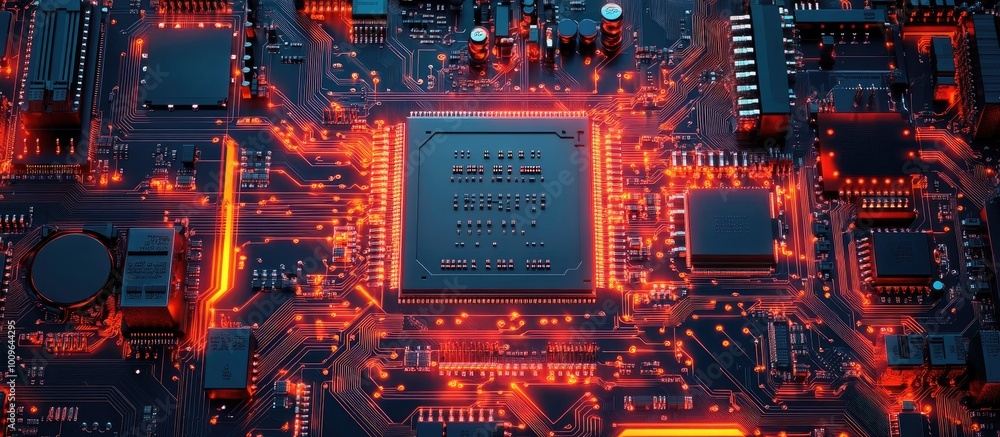 Aufkleber close-up of a glowing circuit board with a central processor