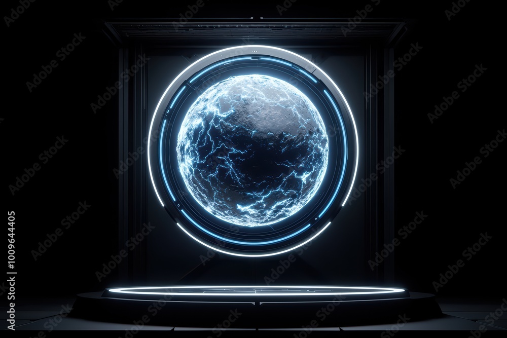 Poster Futuristic spherical object illuminated by blue neon lights, set against a dark backdrop, creating a captivating visual experience.