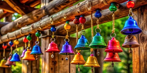 Naklejka premium Beautifully designed bells hanging from a rustic wooden structure creating a serene atmosphere