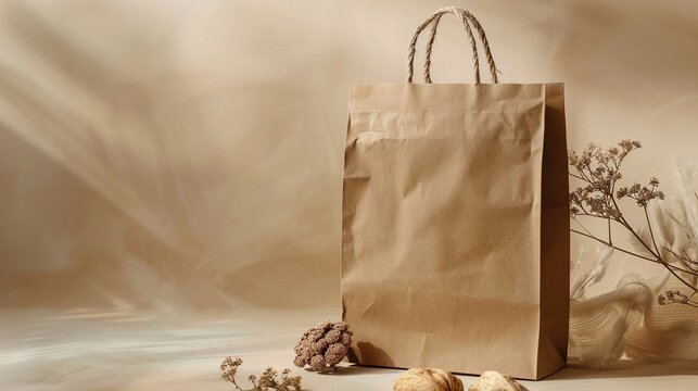 Brown paper bag mockup and dried botanicals in warm tones. Simplicity, sustainability, eco-conscious craft paperbag template advertising image. Organic material mock up photorealistic