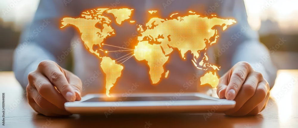 Poster hands holding a tablet displaying a glowing world map, symbolizing global connectivity and digital c
