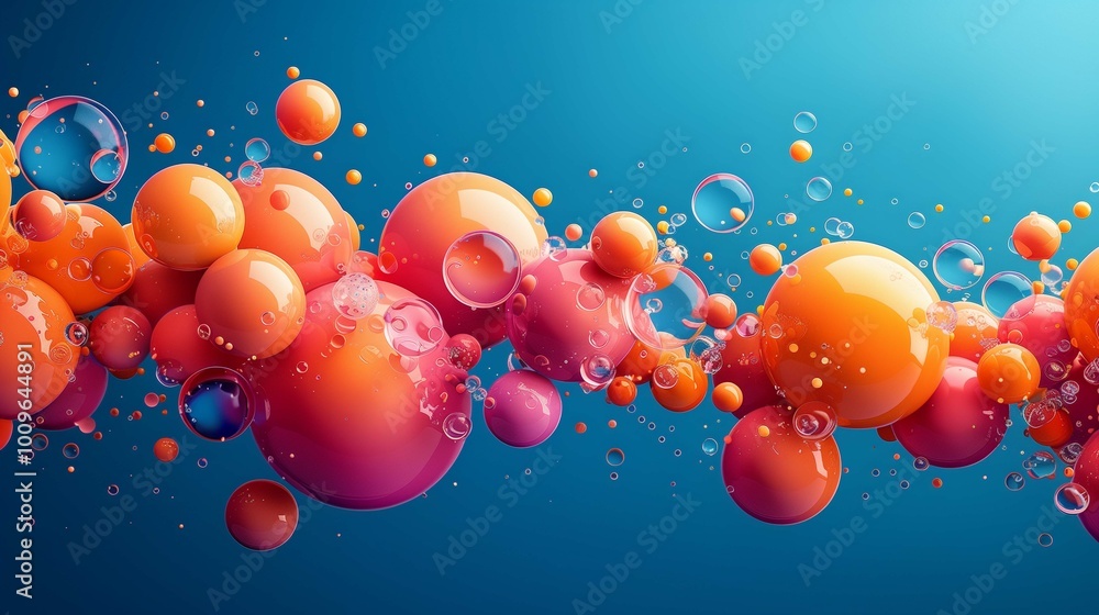 Poster bight plastic balls floating in water with air bubbles 3d rendering image. dynamic scene with glossy