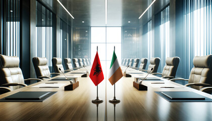A modern conference room with Albania and Irish flags on a long table, symbolizing a bilateral meeting or diplomatic discussions between the two nations.