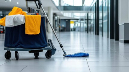 Cleaning trolley with mop in modern hallway setting