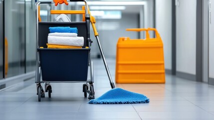Cleaning supplies in a bright office corridor scene