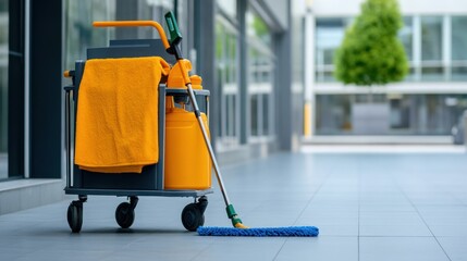 Outdoor corridor with cleaning tools and cart