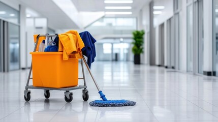 Brightly colored cleaning cart in office hallway.