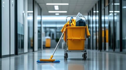 Minimalist cleaning cart in corporate office hall.