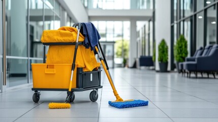 Organized cleaning supplies in an office corridor.