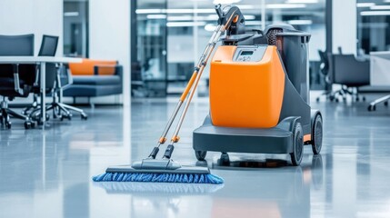 Fototapeta premium Advanced cleaning machine with blue mop in office