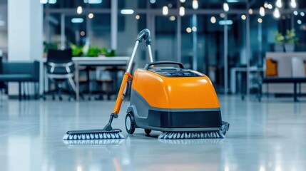 Fototapeta premium Orange cleaning machine poised in an office corner.