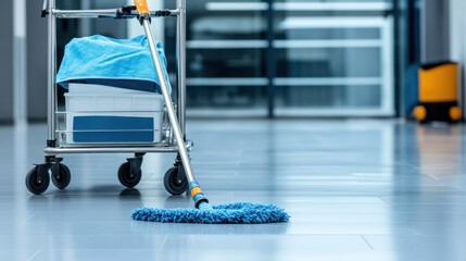 Fototapeta premium Blue mop and cleaning cart on a shiny tiled floor