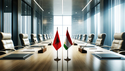 A modern conference room with Albania and Tajikistan flags on a long table, symbolizing a bilateral meeting or diplomatic discussions between the two nations.