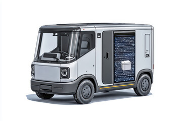 Modern delivery truck with a sleek design, featuring a high-tech interface, parked against a white isolated background.