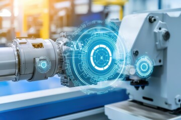 Obraz premium Modern manufacturing technology with advanced machinery and digital interfaces, highlighting innovation and automation in production processes.
