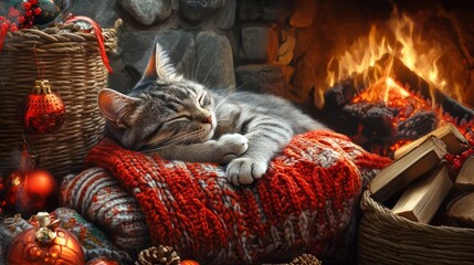 Gray tabby nestled among holiday decorations