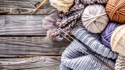 Fototapeta premium knitting yarn and needles on a wooden background