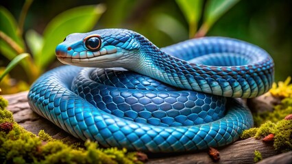 Fototapeta premium Blue Racer Snake Coiled in Natural Habitat with Vibrant Scales and Intricate Patterns Displayed