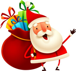 Christmas character - Santa Claus carrying a bag with full of Christmas gift box presents