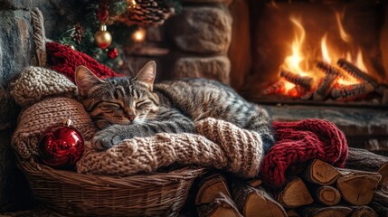 Charming tabby relaxes by cozy fire in holiday decor