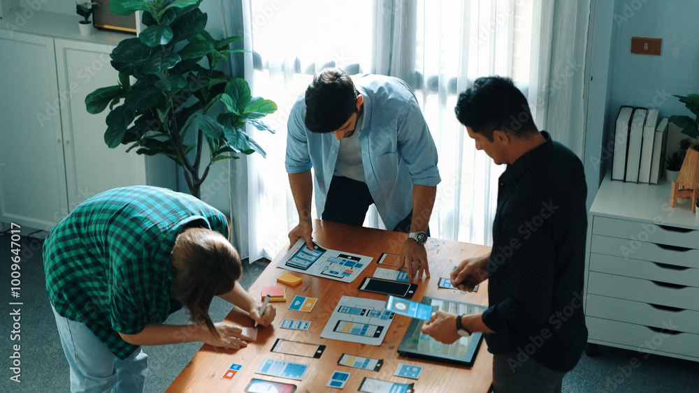 Poster top view of smart ui designer brainstorming and planning about ux uo design or mobile interface wire