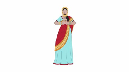 Saree young woman praying on Diwali cartoon animation. Worship of Lakshmi. Deepawali celebration 4K video motion graphic. Sari beautiful female animated 2D character isolated on white background