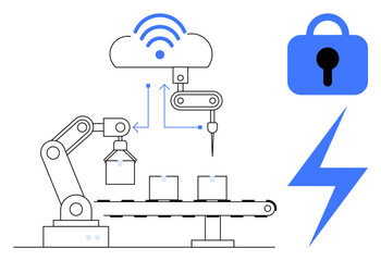 Robotic arm, cloud with network symbol, lock and bolt icons in minimalist style. Ideal for smart manufacturing, industry 4.0, cloud security, automation, and IoT themes. Blue and white colour scheme