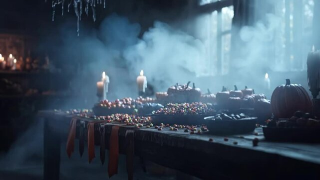 A dimly lit Halloween feast table filled with candy, pumpkins, and candles in a foggy, eerie room, creating a spooky and festive atmosphere