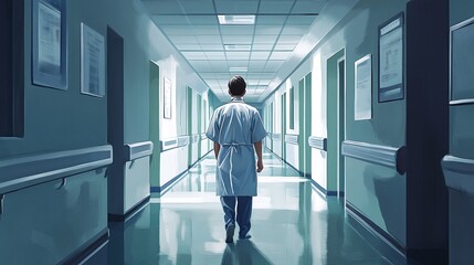 Fototapeta premium surgeon walking down a hospital hallway, wearing medical attire, prepared for patient care and treatment, representing dedication to healthcare and clinical expertise