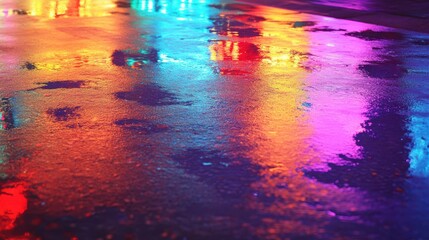 Colorful Neon Reflections on Wet Pavement at Night