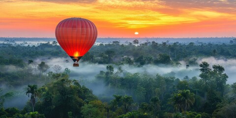 Obraz premium a hot air balloon flying over a forest