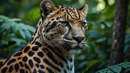 Jaguar with black spots staring alertly in forest