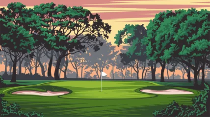 Selbstklebende Fototapeten Pristine golf course with a hole framed by majestic trees at sunrise.. © Alexander