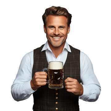 A smiling man in traditional German clothing holding a beer mug on a transparent background