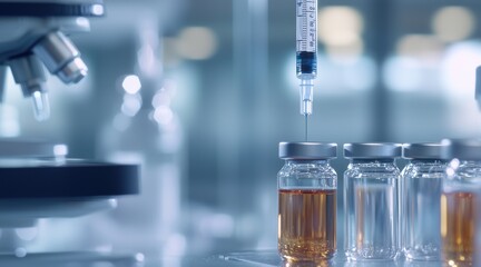 Close up of a vaccine vial and syringe in a sterile laboratory environment.