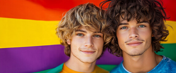 Two men embracing under a vibrant rainbow flag celebrating LGBT History Month and love