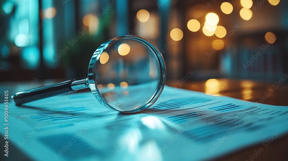Poster financial and business analytics data under a magnifying glass, selective focus on reports, graphs, 