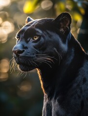 A striking black panther gazes intensely into the distance.