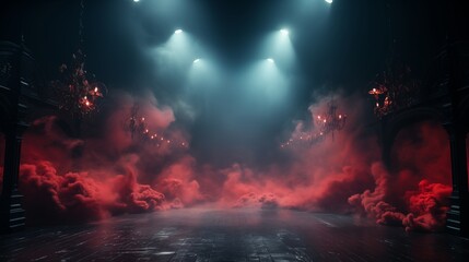 Fototapeta premium empty dark stage transformed with mist, fog, and red smoke, perfect for showcasing artistic works and products.