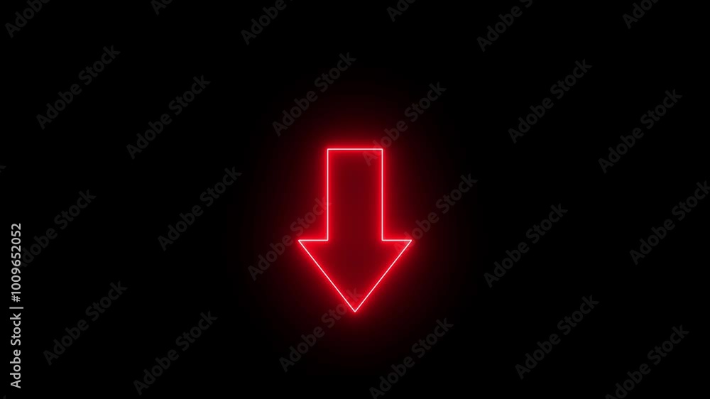 Poster abstract glowing neon down arrow icon animation on black background. neon upload arrow icon animatio