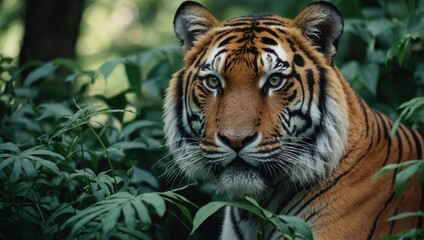 Tiger with orange-black stripes in dense jungle