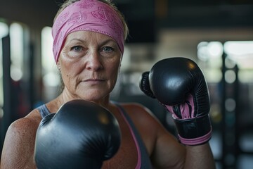 A determined senior woman wearing a pink bandana and boxing gloves stands ready in a gym.