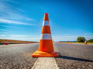 Bright orange traffic cone on a road indicating construction or caution with clear blue sky background